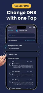 قابلیت تغییر سریع DNS در اپلیکیشن United VPN برای کاهش پینگ بازی و دور زدن تحریم‌ها